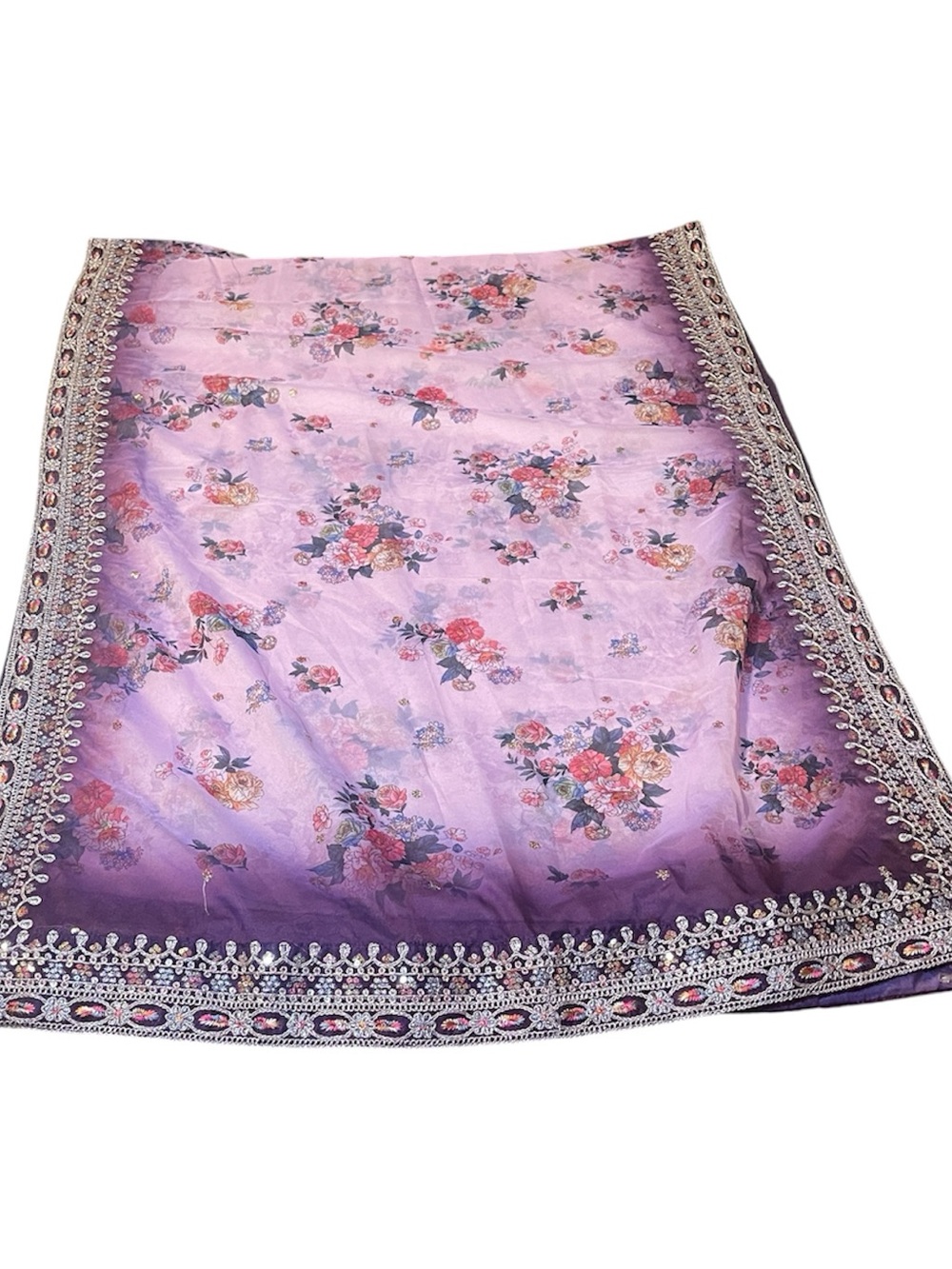Lavender Organza Dupatta Floral Gold Embroidery Border Scarf Wrap Chunni 84x28